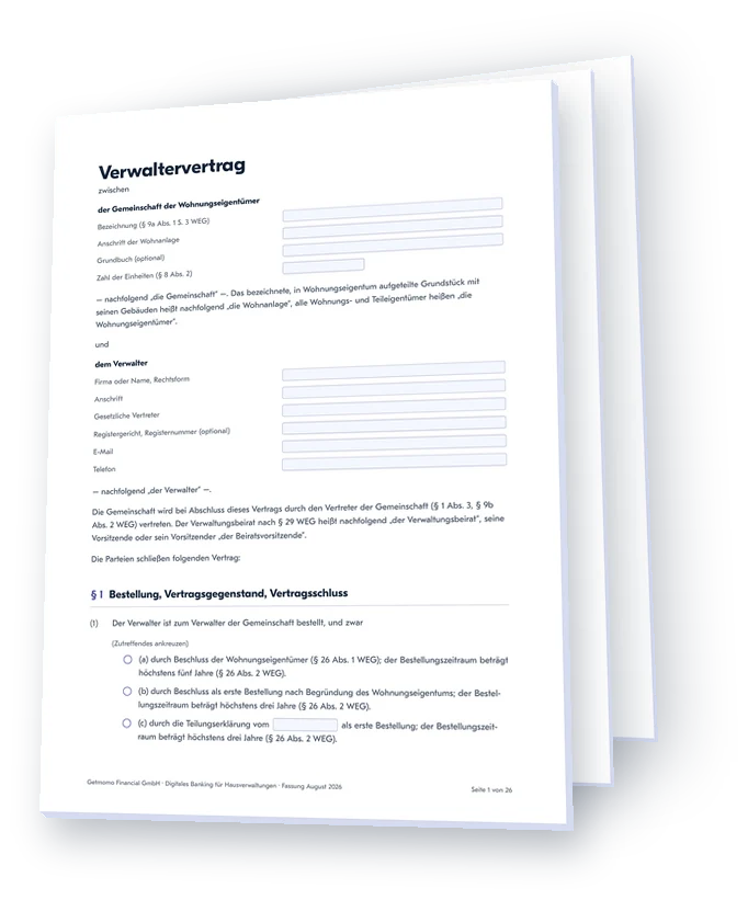 Verwaltervertrag zum Ausfüllen als PDF, aufgeschlagen dargestellt