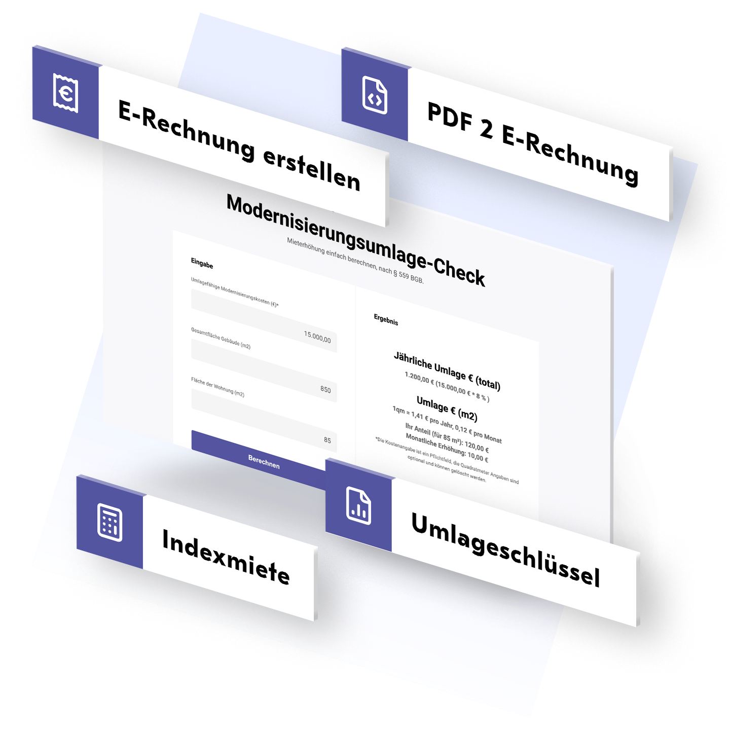 Vorschau der Getmomo Mini-Tools: E-Rechnung erstellen, PDF 2 E-Rechnung, Modernisierungsumlage-Check, Indexmiete und Umlageschlüssel