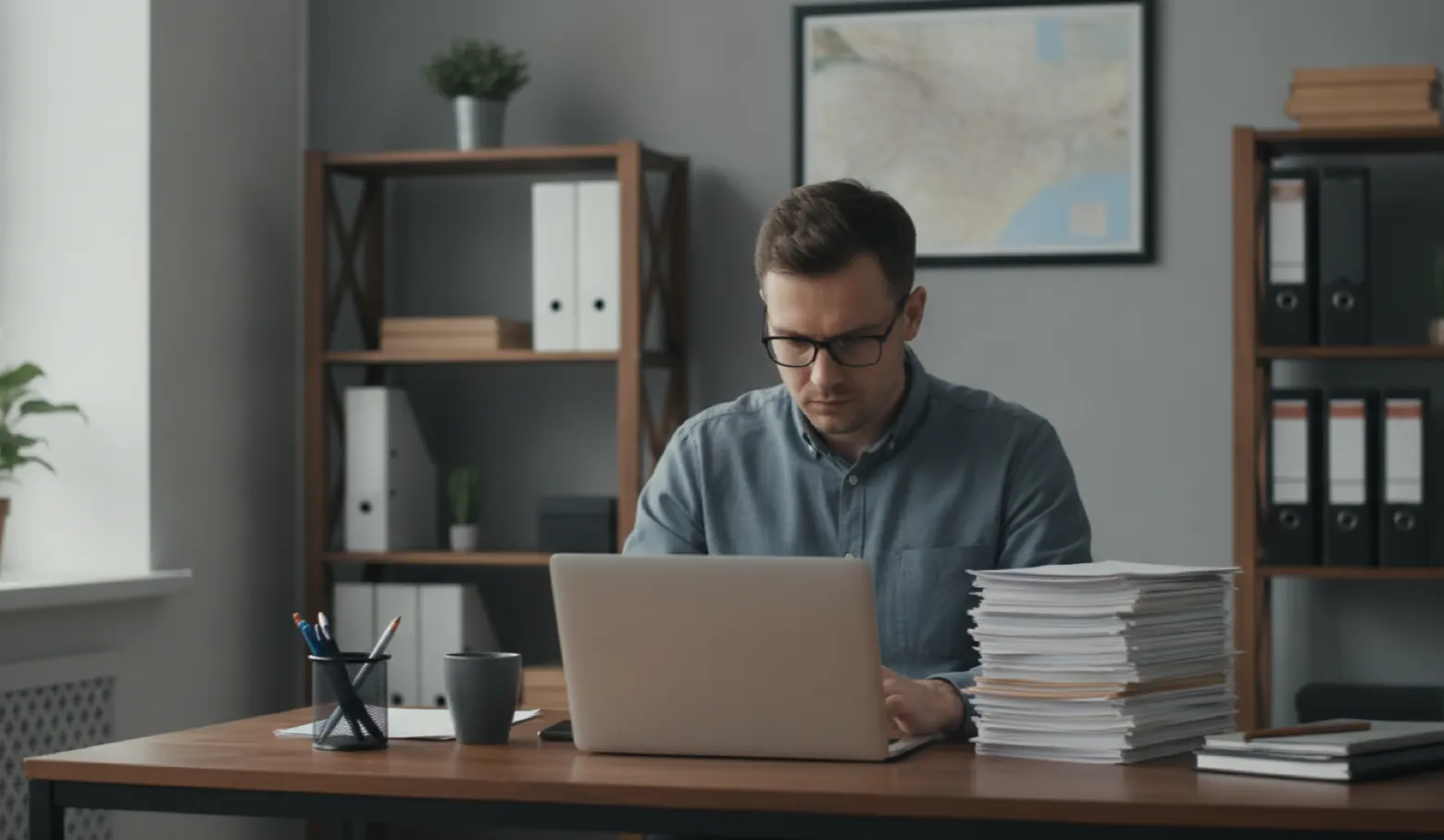 Vermieter am Schreibtisch mit Briefen und Laptop prüft konzentriert Unterlagen zu Mietschulden.