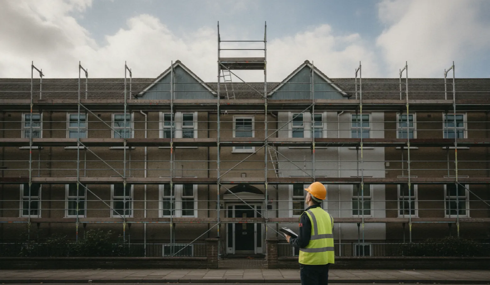 Ein Hausverwalter mit Klemmbrett steht vor einem Wohngebäude mit Gerüst an der Fassade und blickt nach oben.