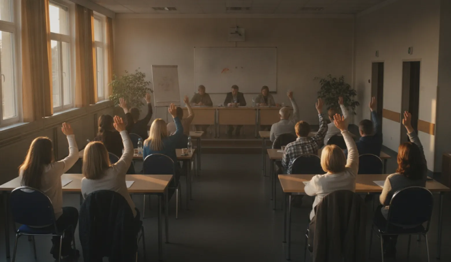 Mehrere Personen sitzen in einer Eigentümerversammlung an Tischen und heben zur Abstimmung die Hand.