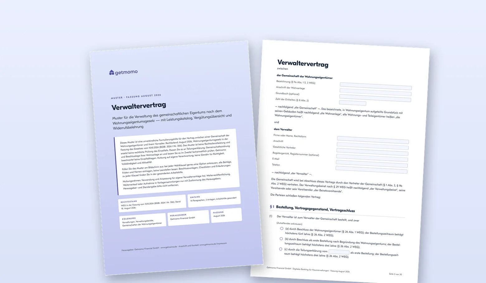 Deckblatt und erste Seite des ausfüllbaren Muster-Verwaltervertrags WEG von Getmomo, Fassung August 2026