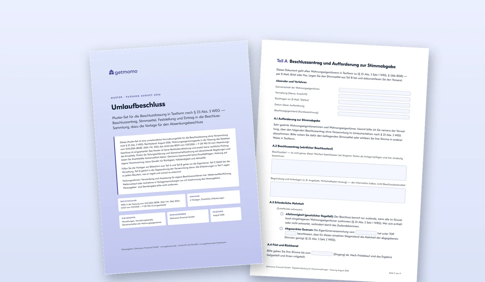 Deckblatt und Beschlussantrag des ausfüllbaren Muster-Sets Umlaufbeschluss von Getmomo, Fassung August 2026